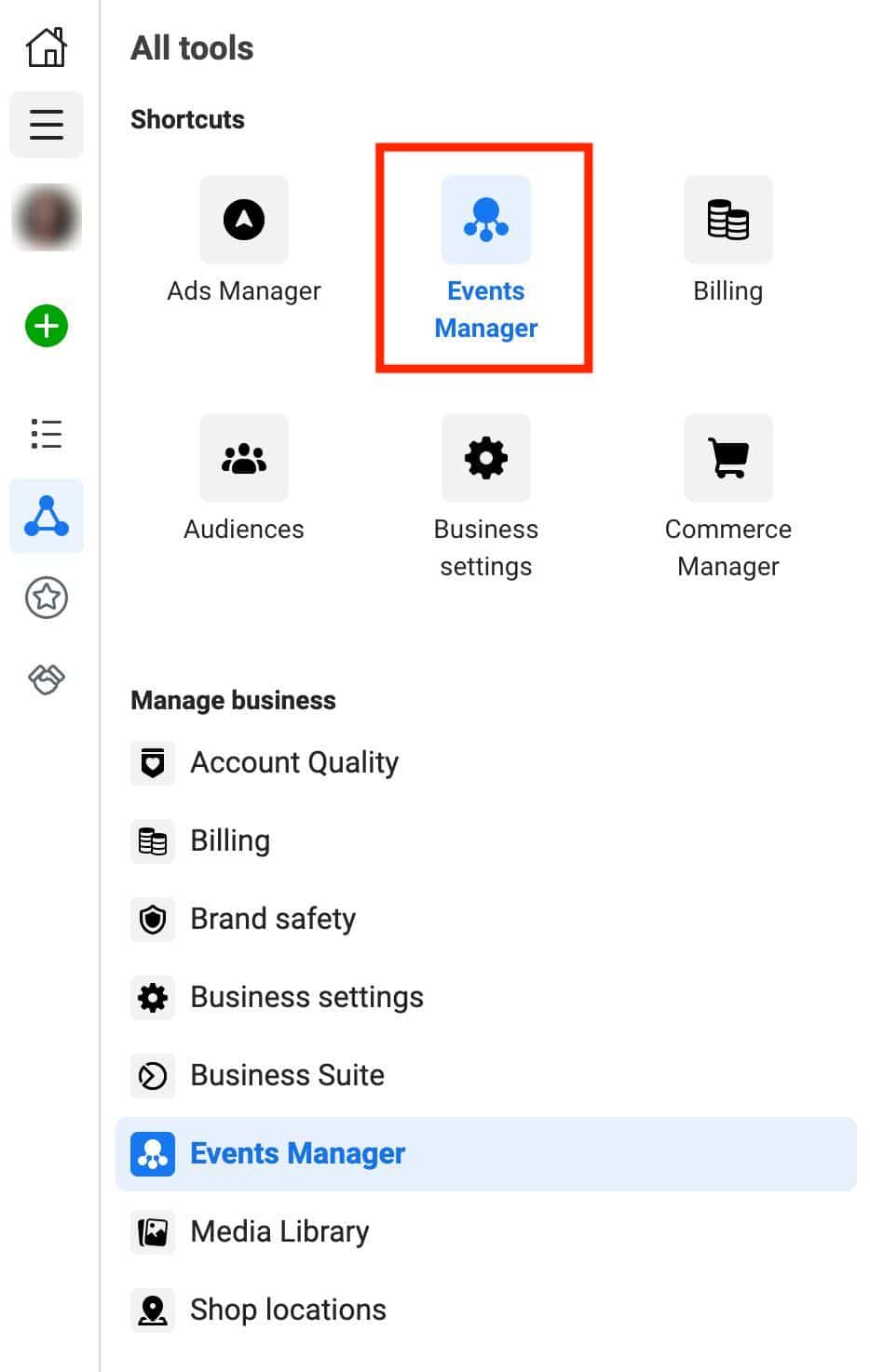 Access to the Events Manager settings for the Facebook pixel.