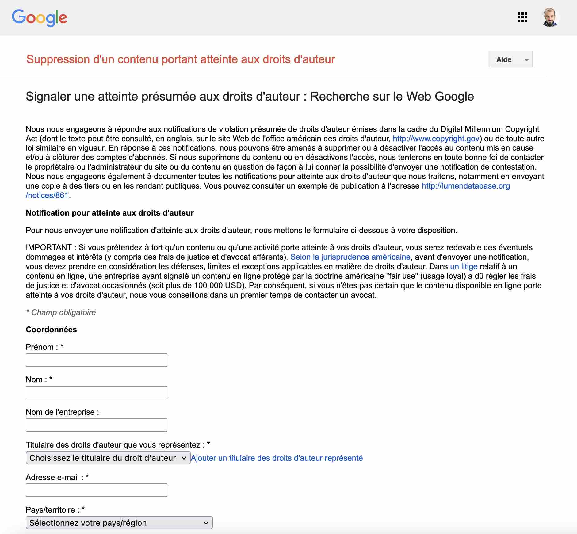 Le formulaire DMCA proposé par Google.