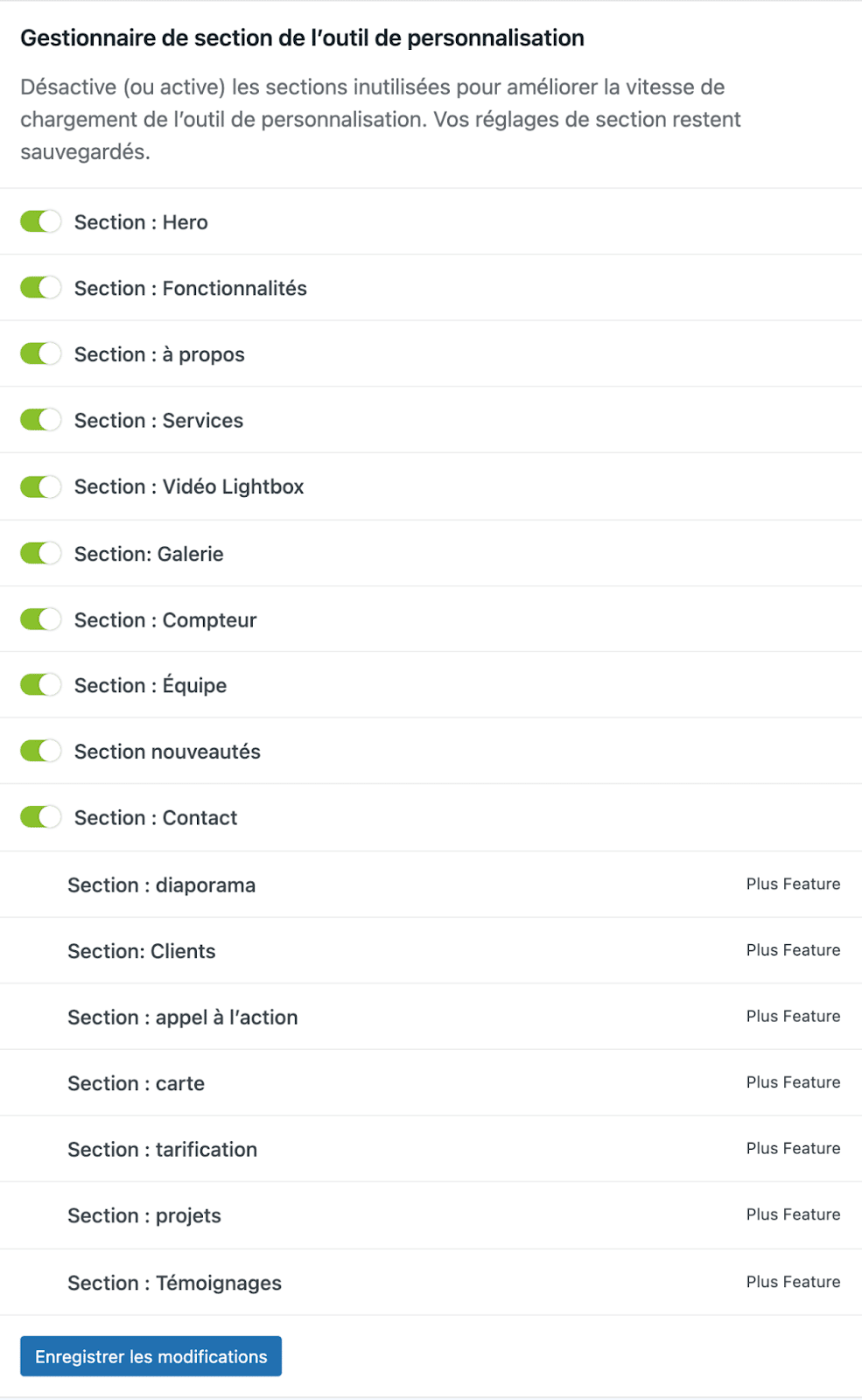 Le gestionnaire de section de l'Outil de personnalisation du thème WordPress OnePress.