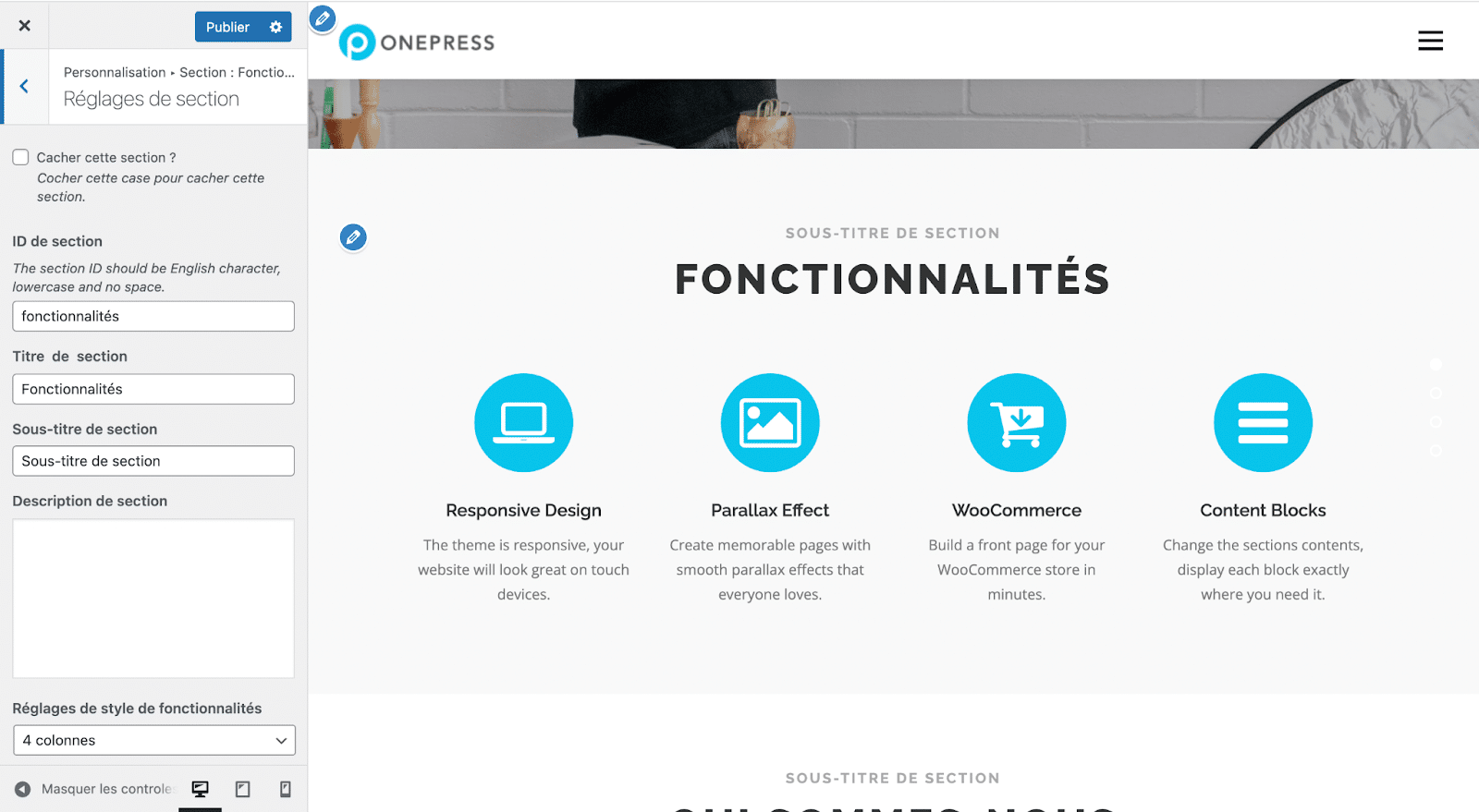 Section "Fonctionnalités" d'un site WordPress OnePress.