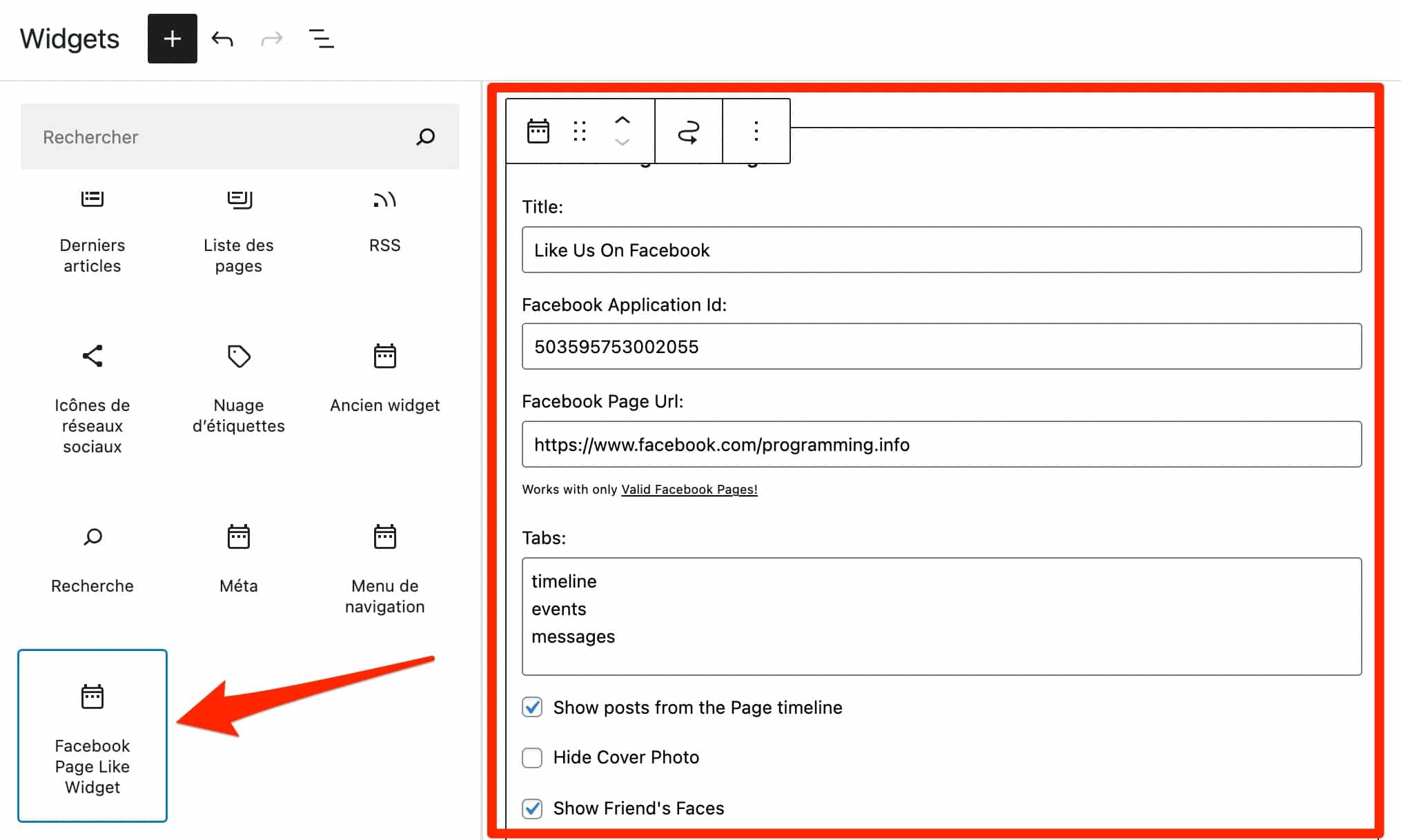 Réglages de l'extension Facebook Page Like Widget.