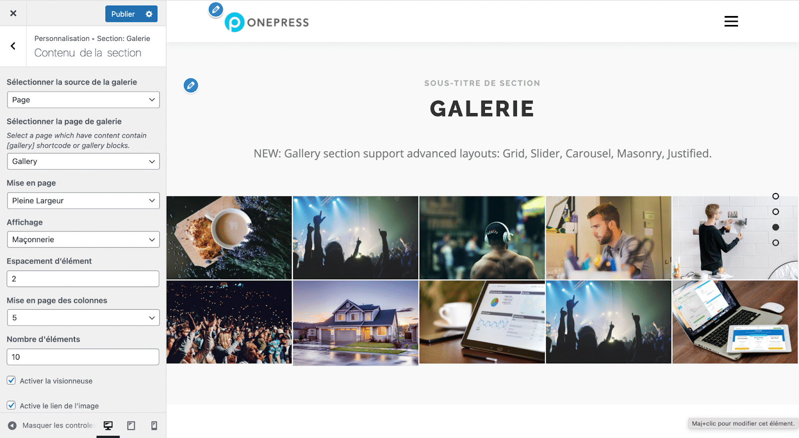 Section "Galerie" d'un site WordPress OnePress.