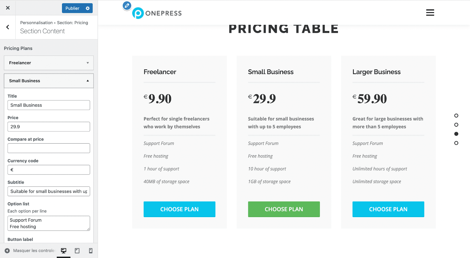 Section "Pricing" (Tarifs) sur un site WordPress OnePress.