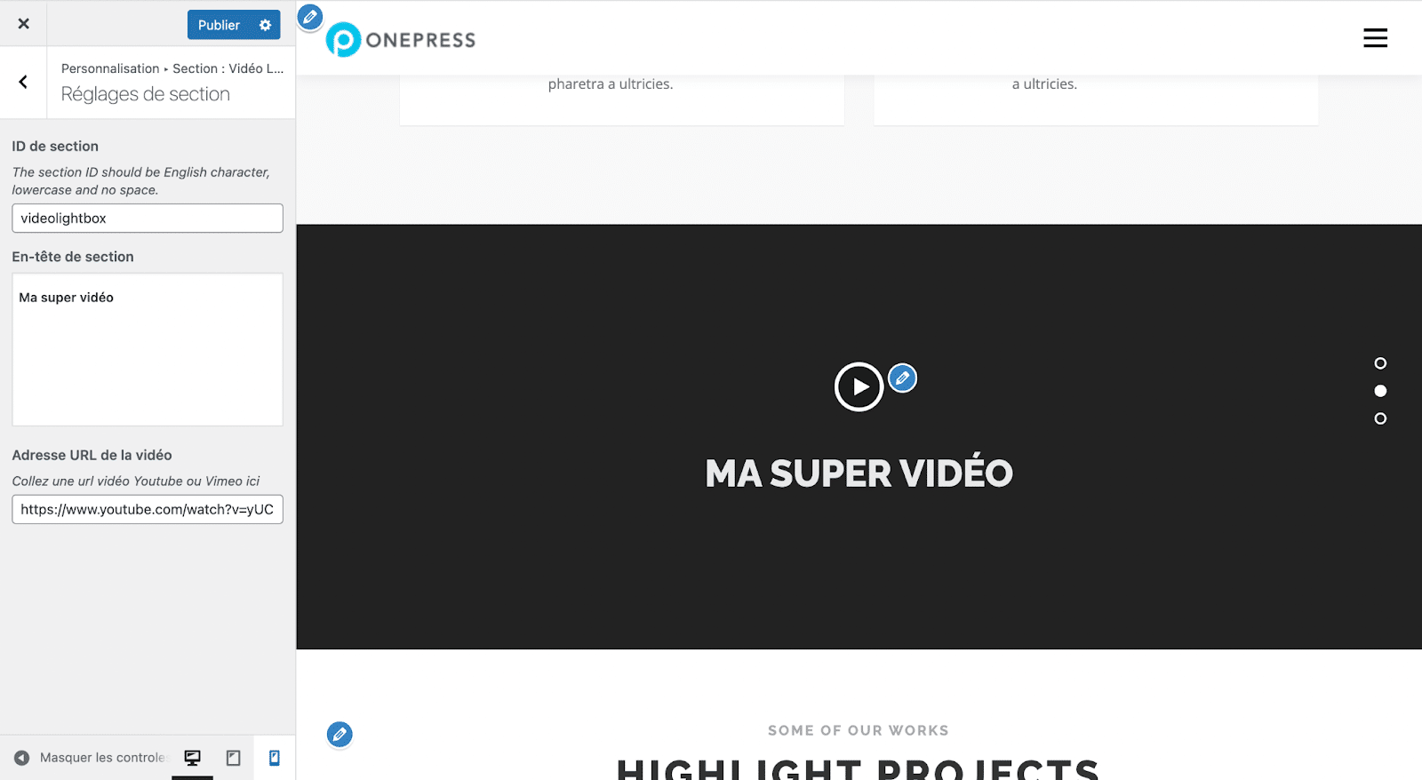 Section "Vidéo lightbox" sur le thème WordPress OnePress.