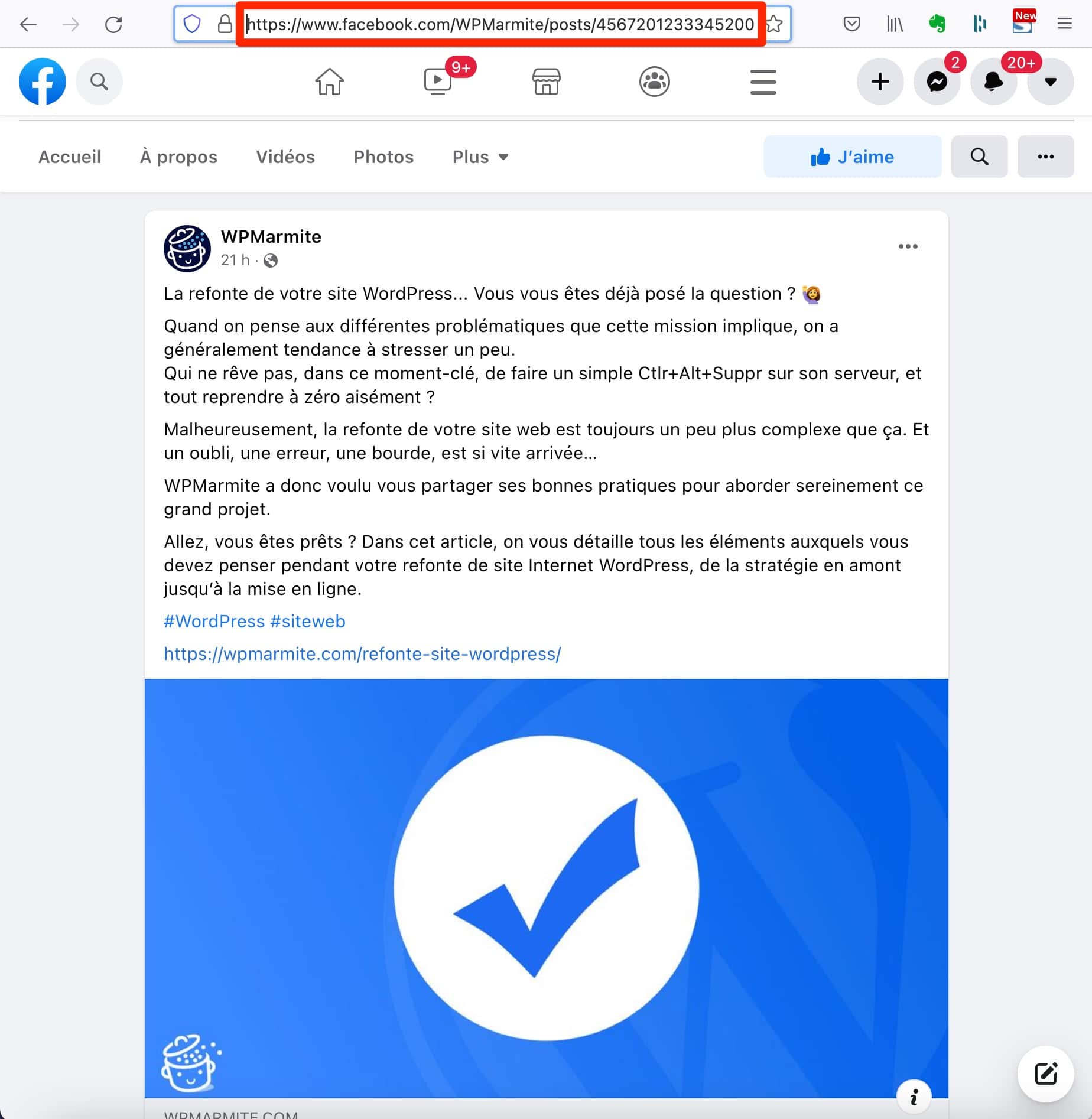 URL d'une publication Facebook.
