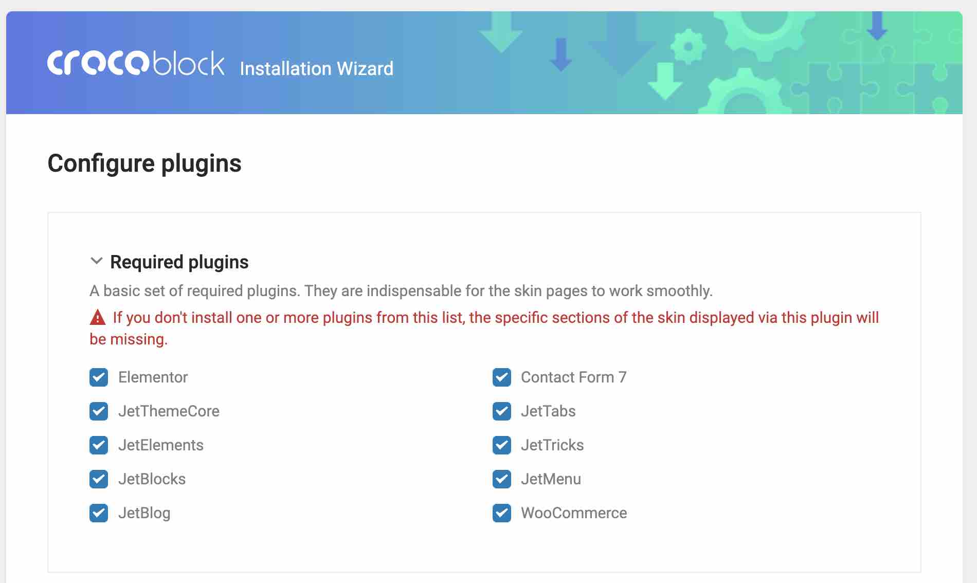 Configuration of the plugins on the Crocoblock installation wizard.