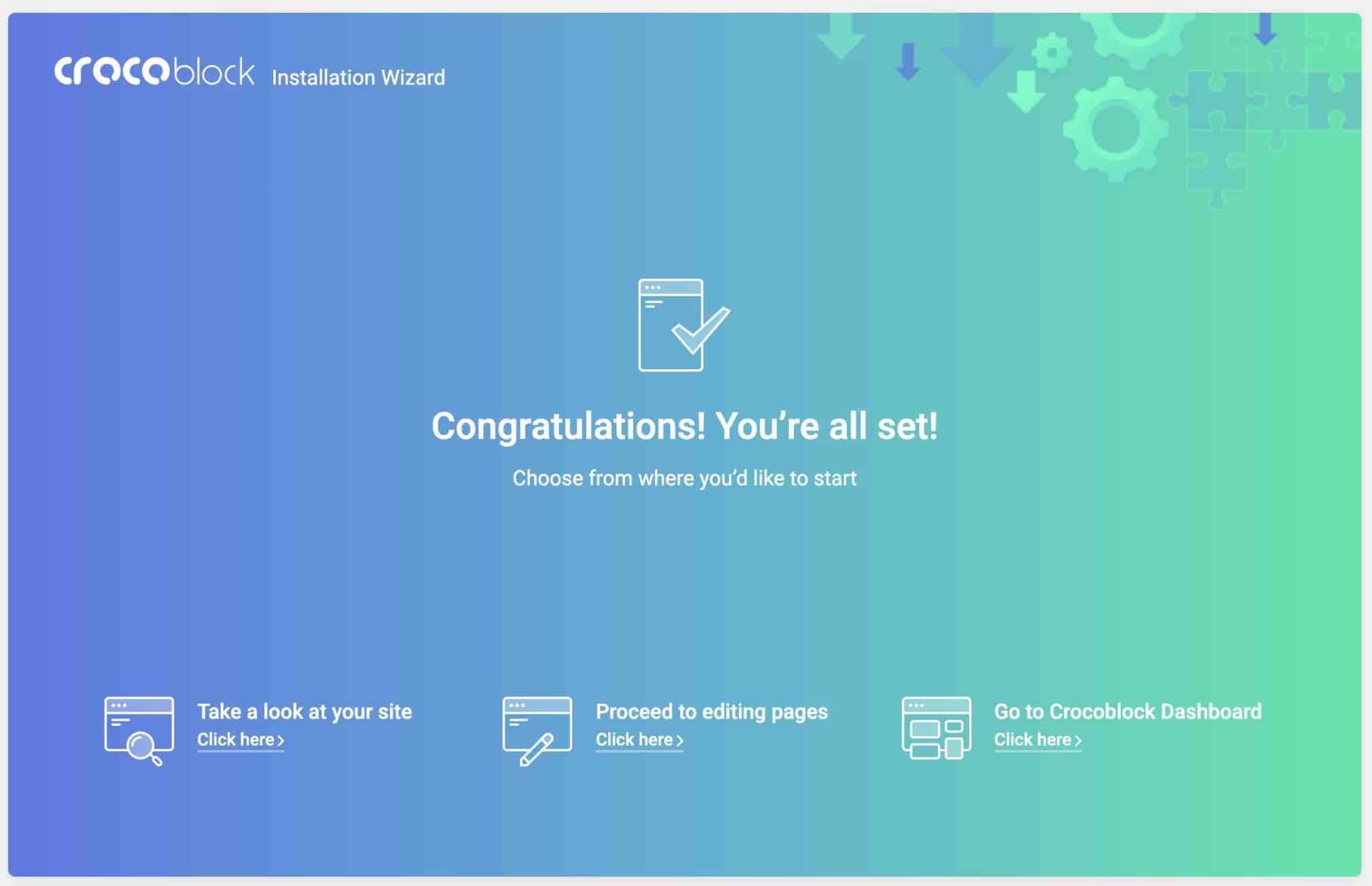 End of Crocoblock installation on WordPress.