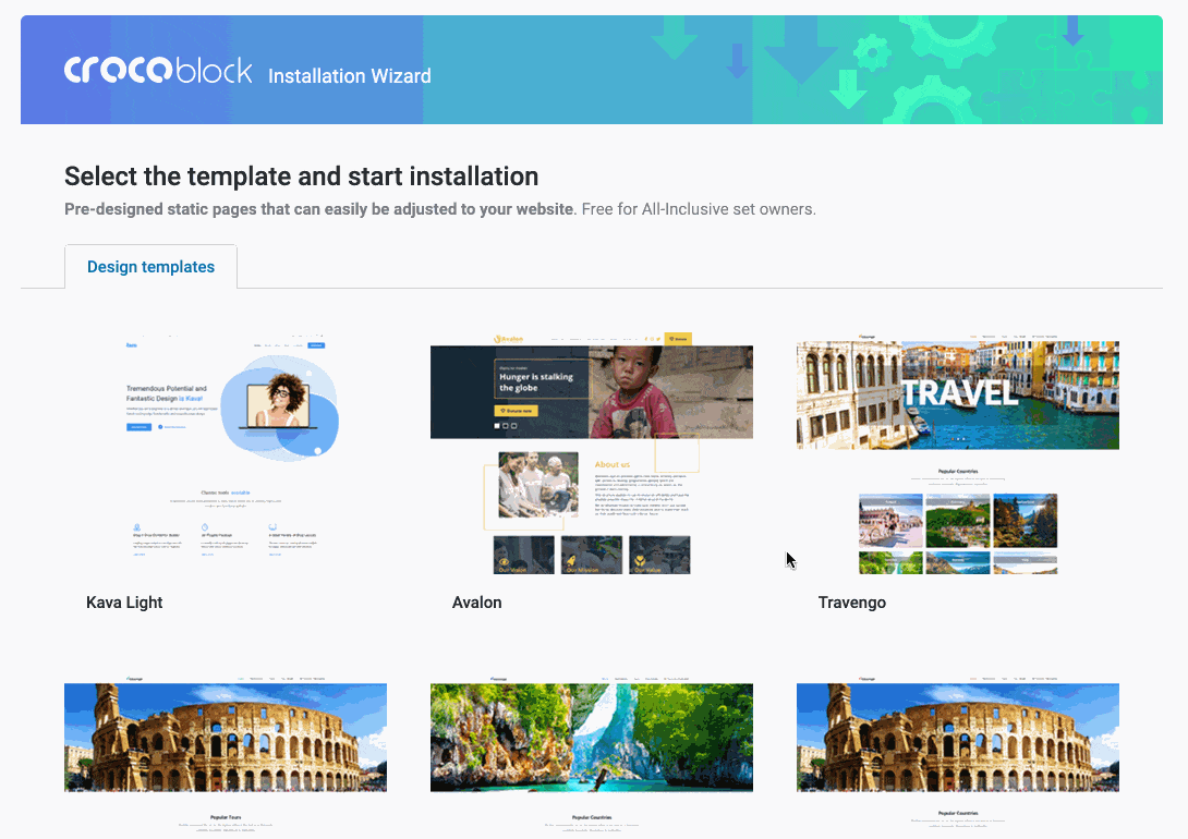 The templates proposed with the Kava theme of Crocoblock.