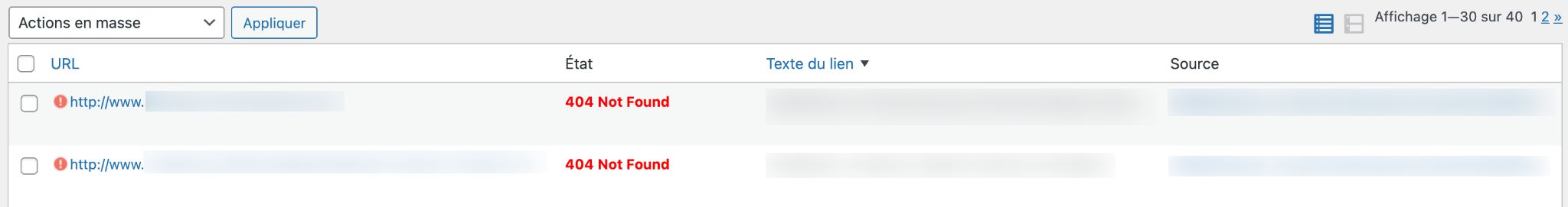 Exemples d'erreurs 404 trouvées avec le plugin WordPress Broken Link Checker.