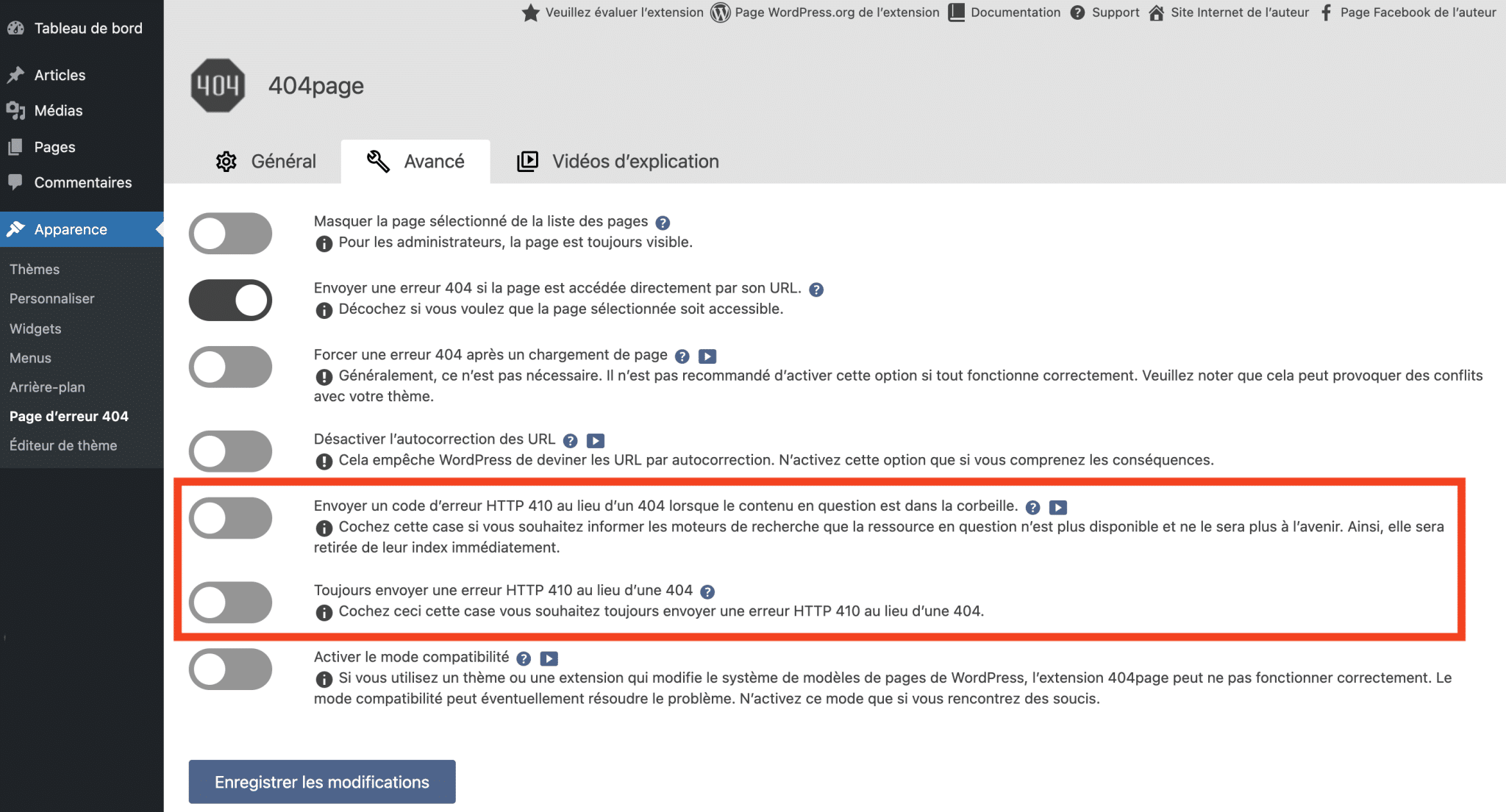 Réglages avancés de l'extension WordPress 404page pour envoyer une erreur 410 au lieu d'une erreur 404.