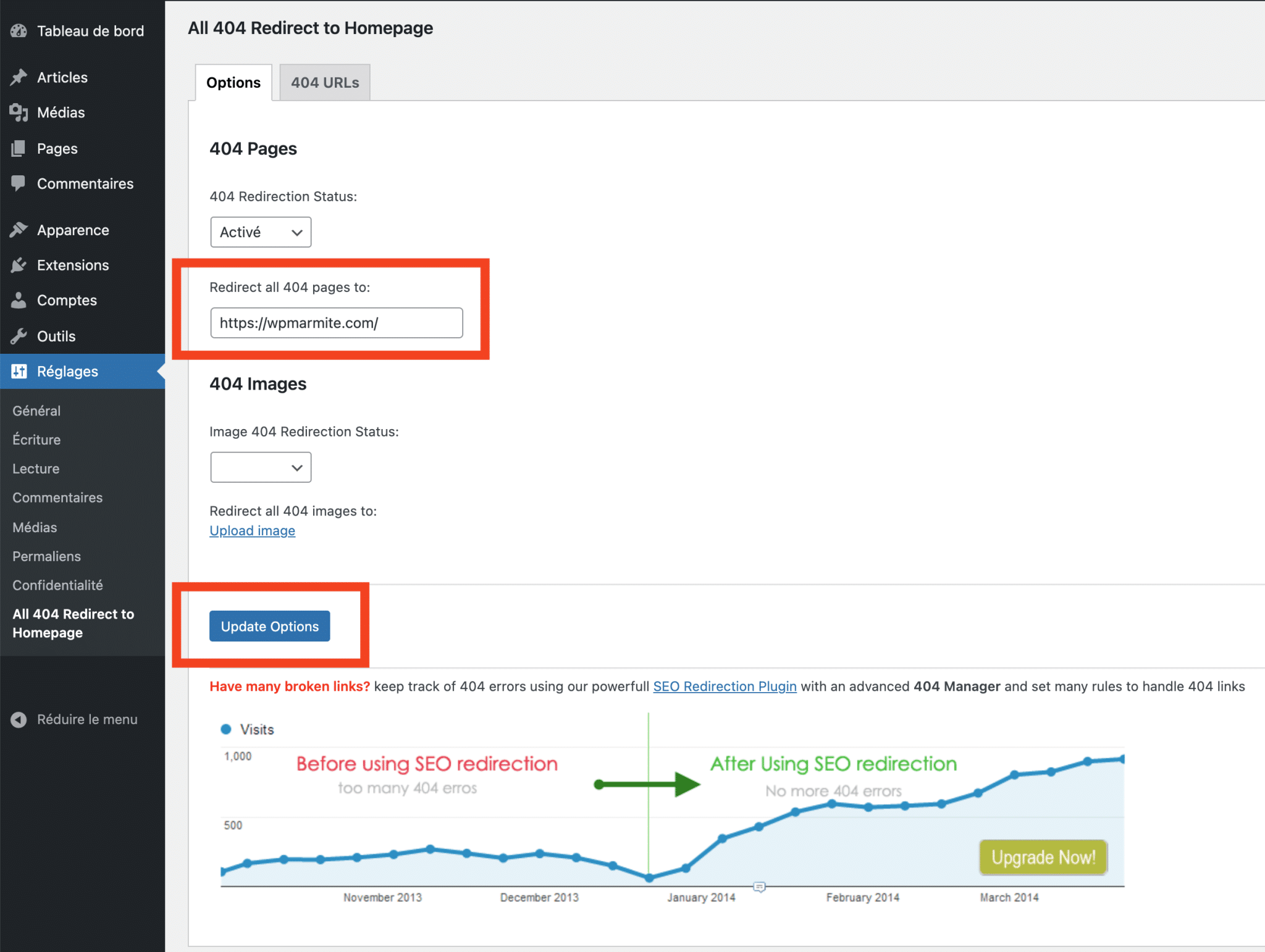 Réglages de l'extension All 404 Redirect to Homepage sur le tableau de bord WordPress.