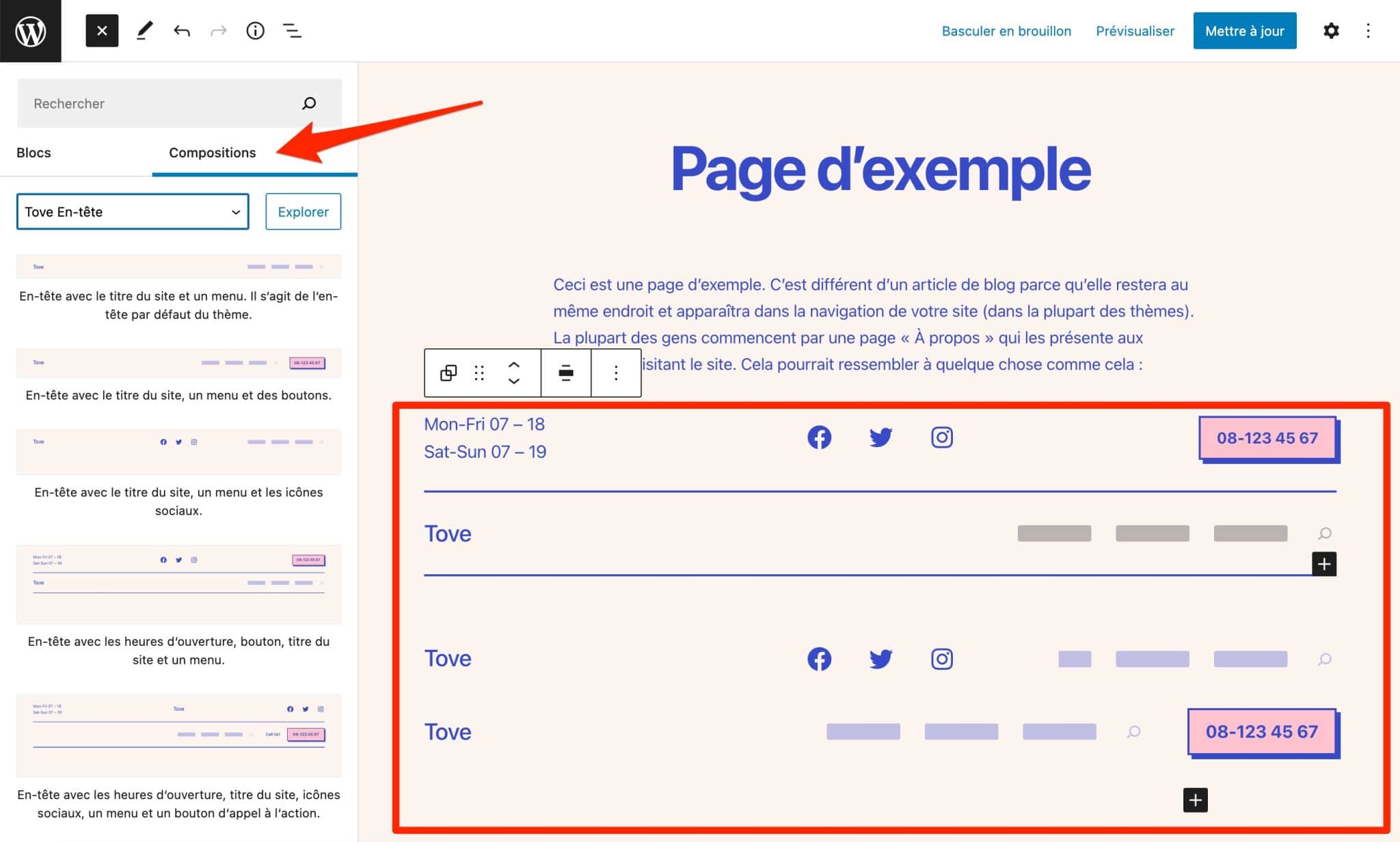 Quelques modèles de headers proposés par le thème WordPress Tove.