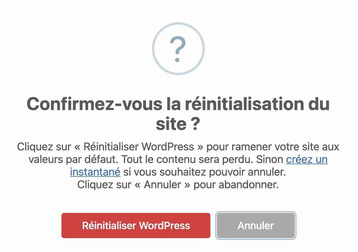 WP Reset dispose d'un mécanisme de double vérification avant de restaurer un site.