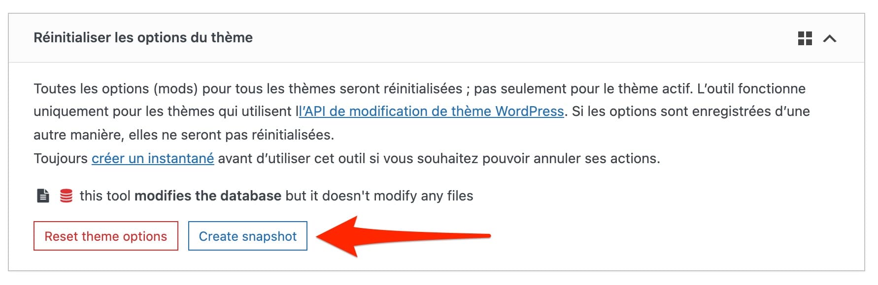 WP Reset permet de créer des instantanés (snapshots) pour sauvegarder votre base de données.