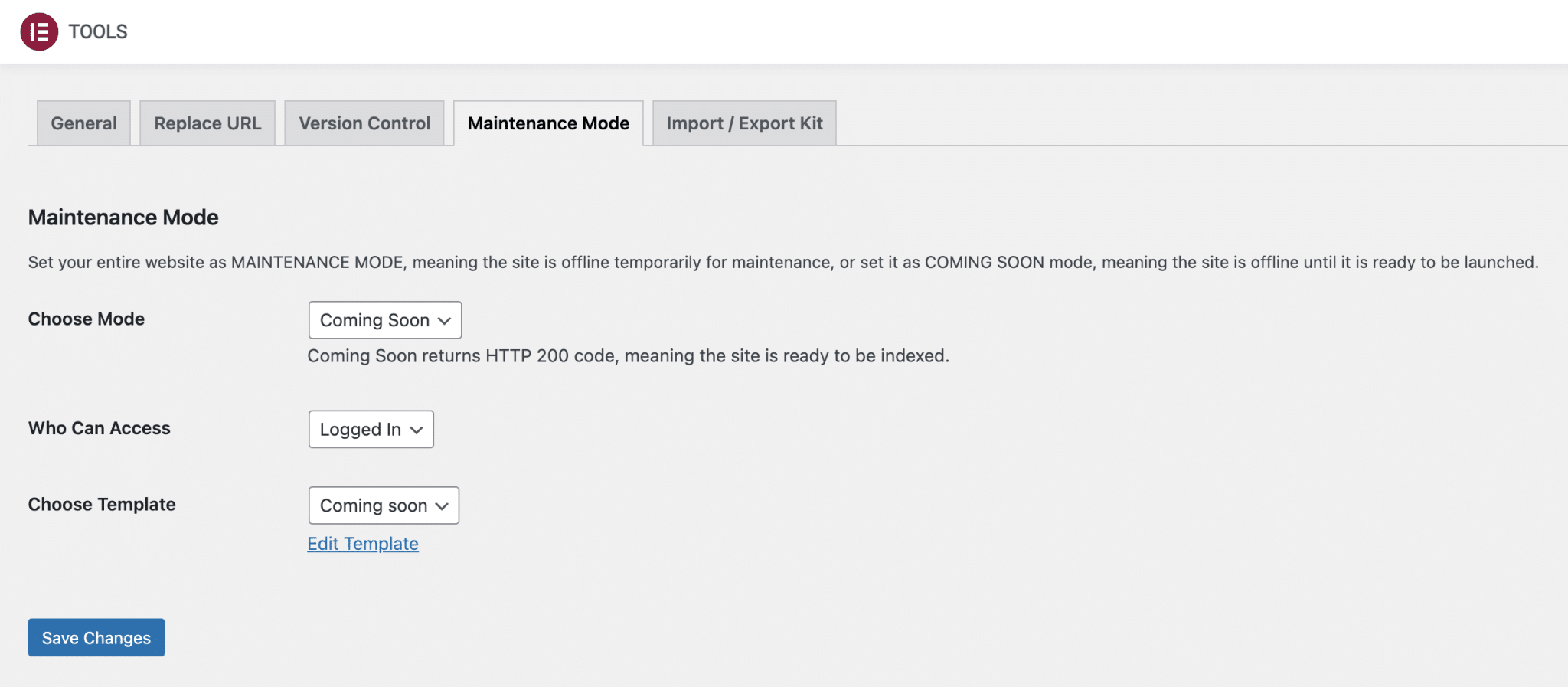 Activation and deactivation of coming soon mode on WordPress, in Elementor settings.