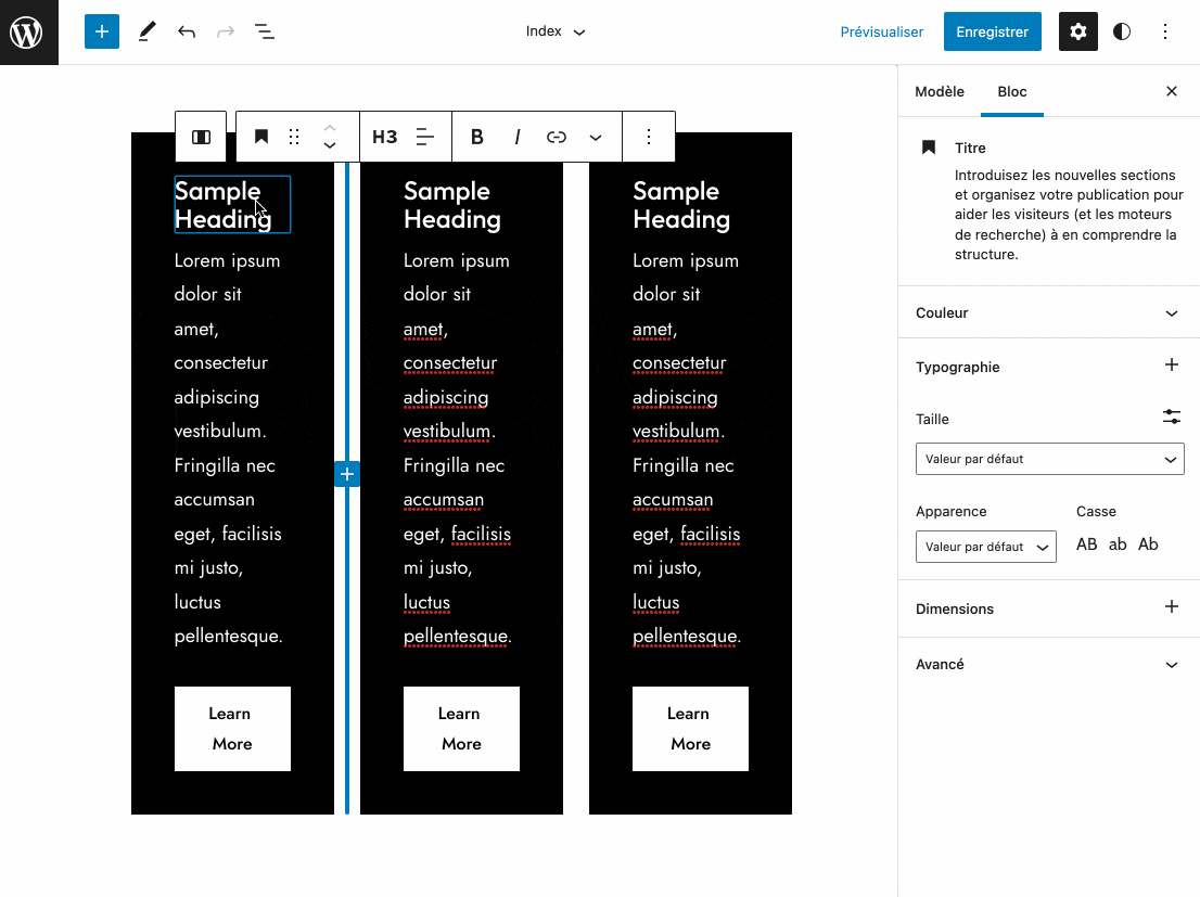 Modification du bloc Featured boxes with text, button.