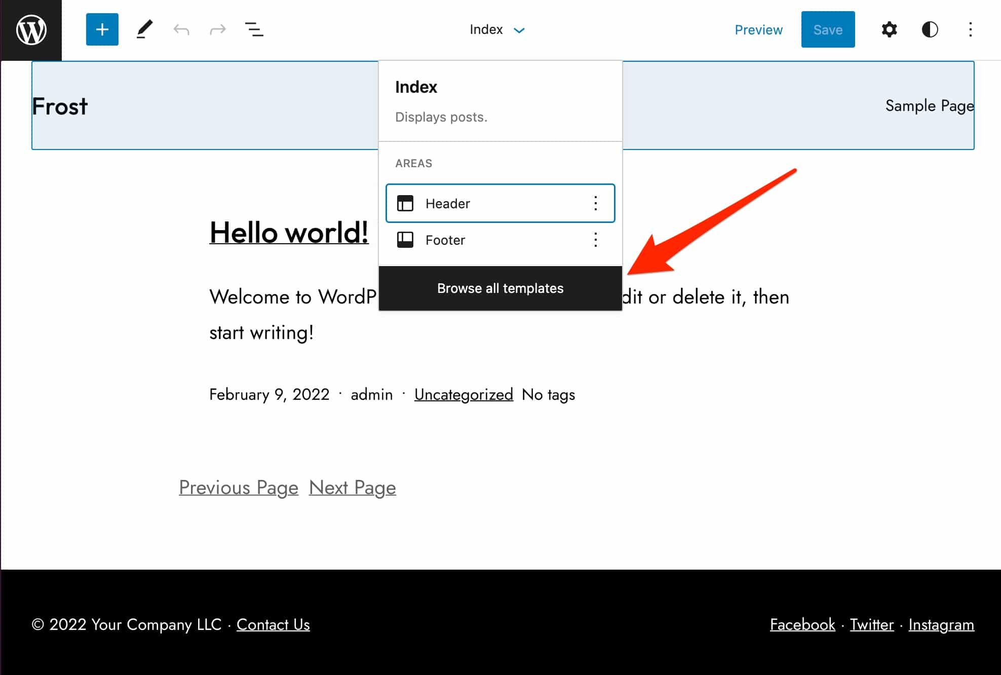Browse all templates button in Frost on WordPress.