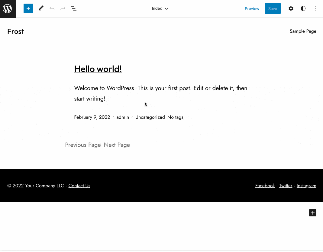 Sample page editing in Frost on WordPress.