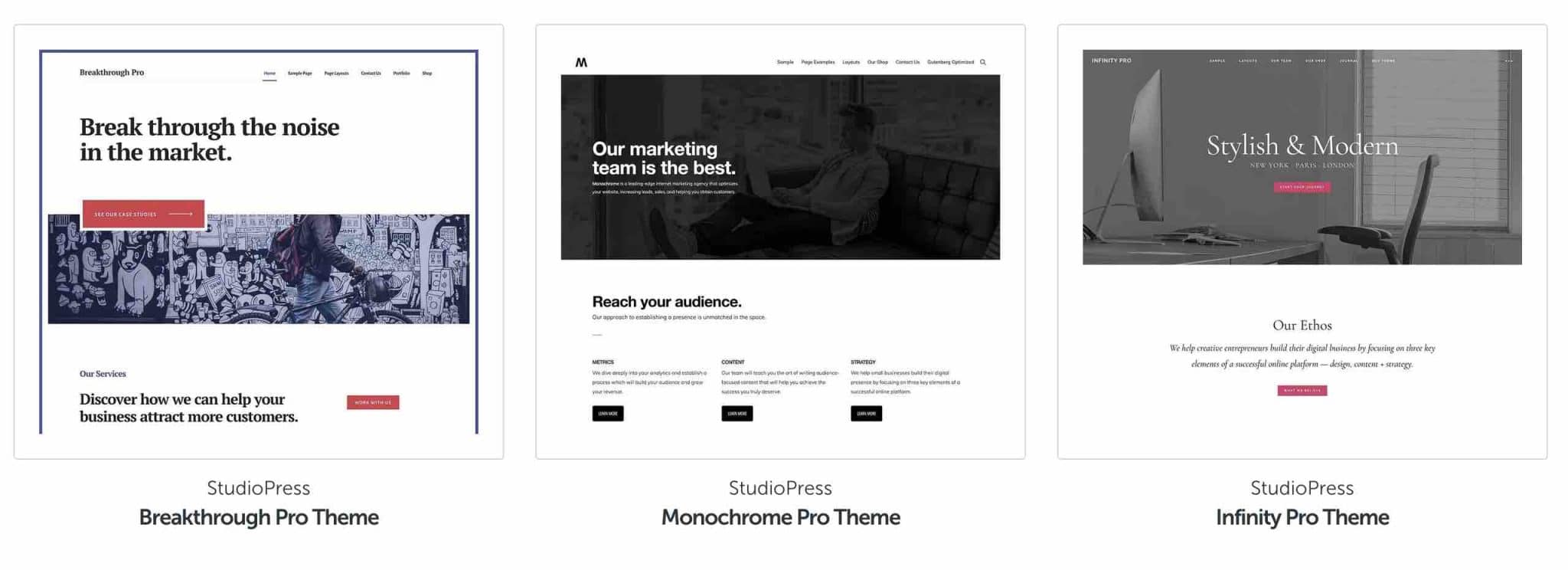 Un aperçu de certains thèmes proposés par StudioPress.