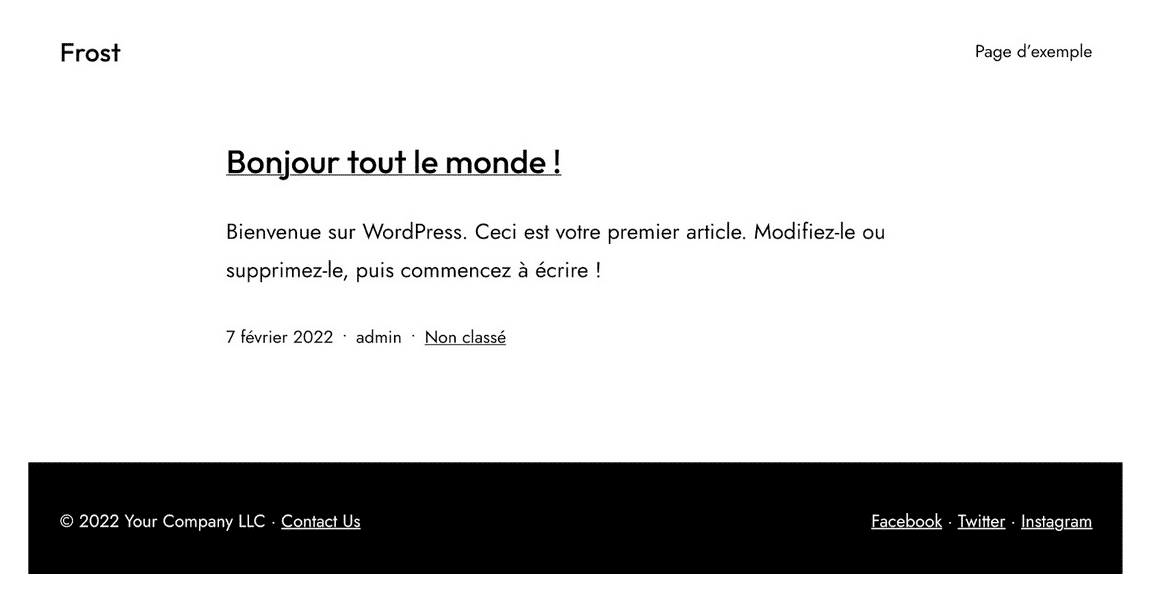 La page d'accueil de Frost après l'activation du thème.