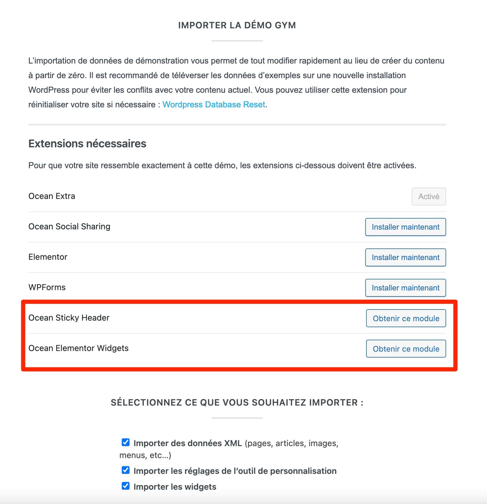 Processus d'import d'une démo avec OceanWP.