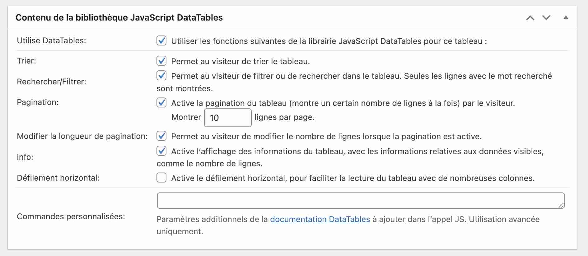 Le contenu de la bibliothèque JavaScript DataTables sur TablePress.