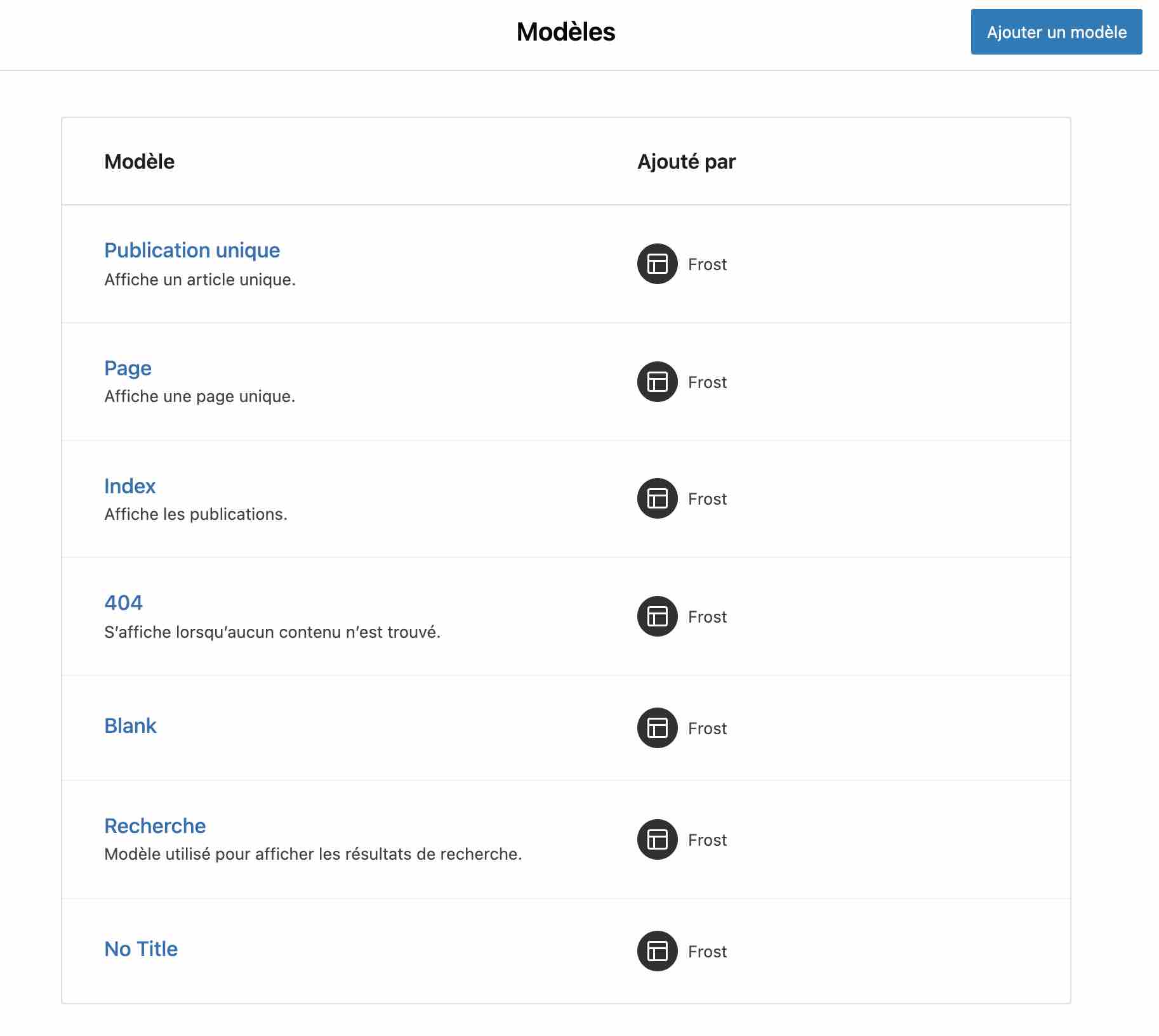 Frost propose jusqu'à 7 modèles de pages classiques.
