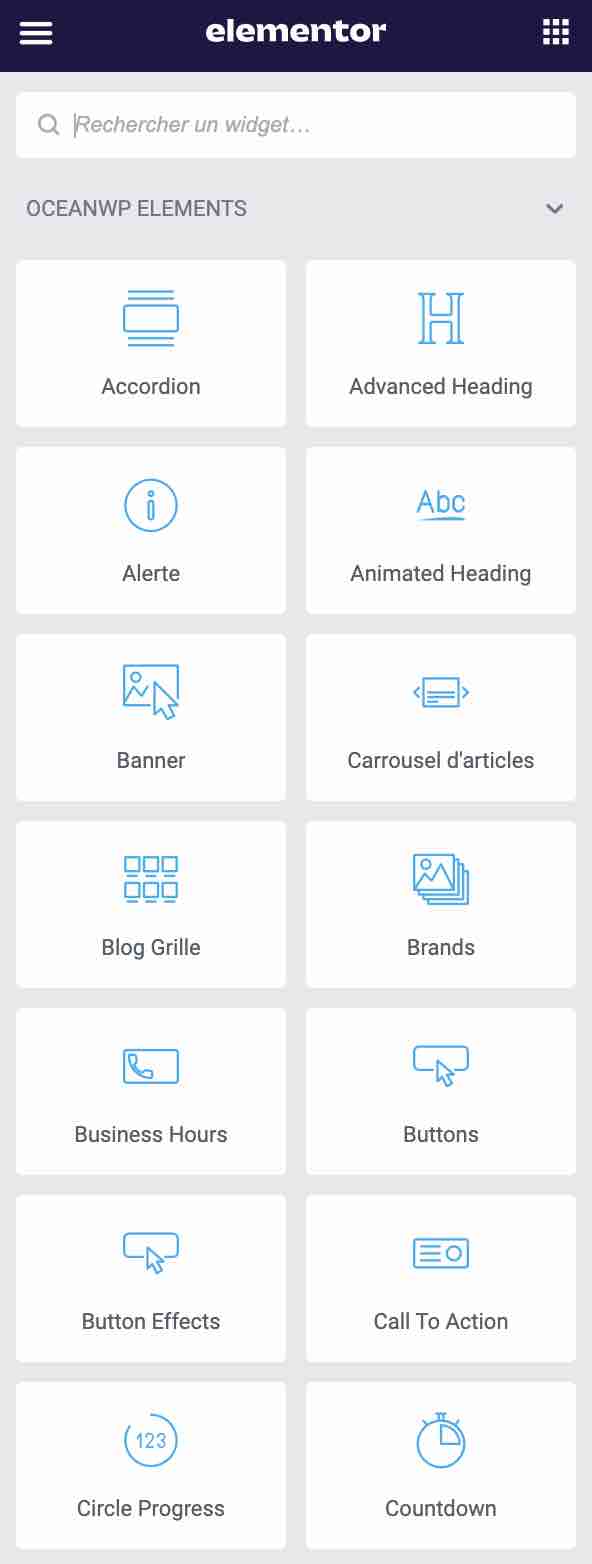 Les widgets Elementor proposés par OceanWP.