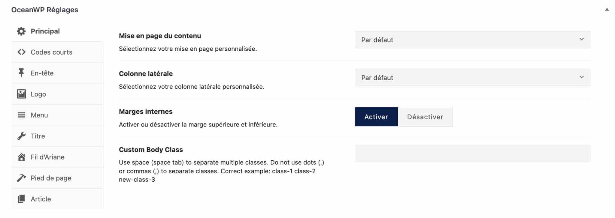L'encart de réglages d'OceanWP.
