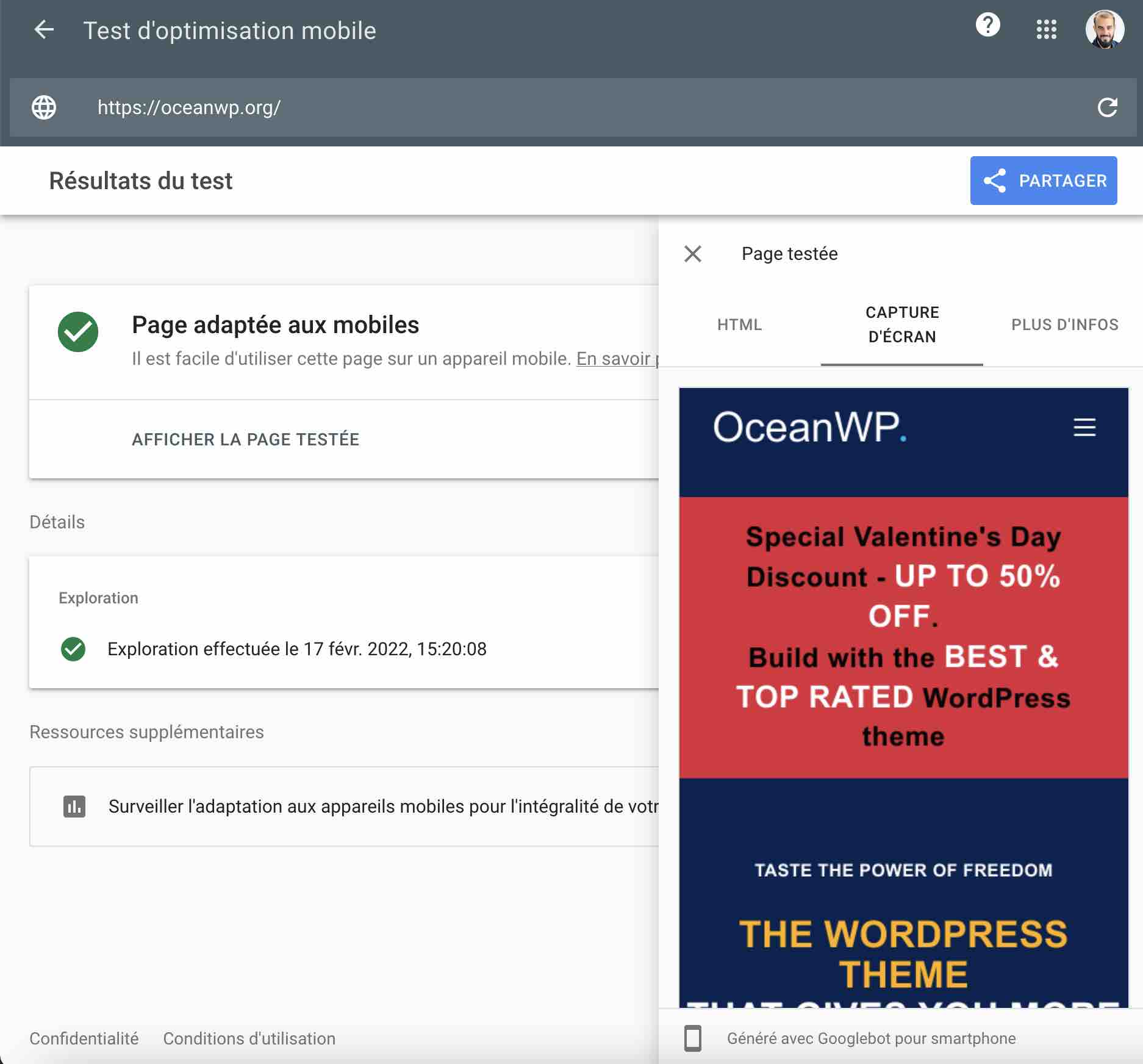 Un test d'optimisation mobile mené sur OceanWP.