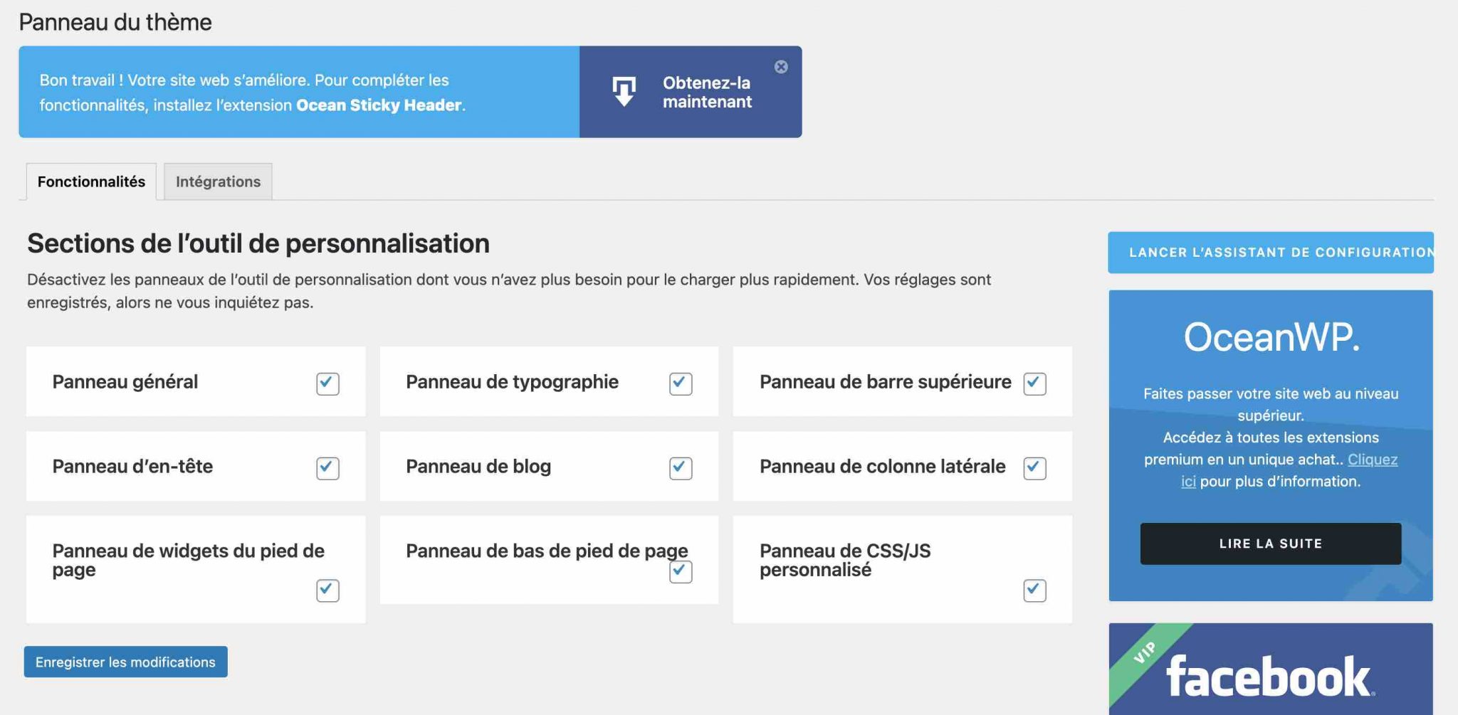 Panneau du thème WordPress OceanWP.