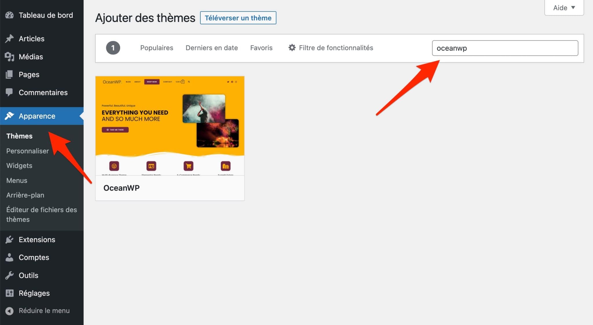 Installation du thème OceanWP sur le back-office WordPress.