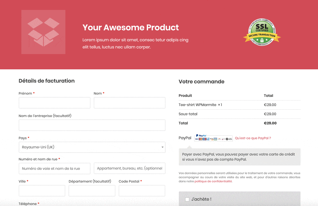 Apparence en front-end d'un order bump ajouté avec Cartflows.