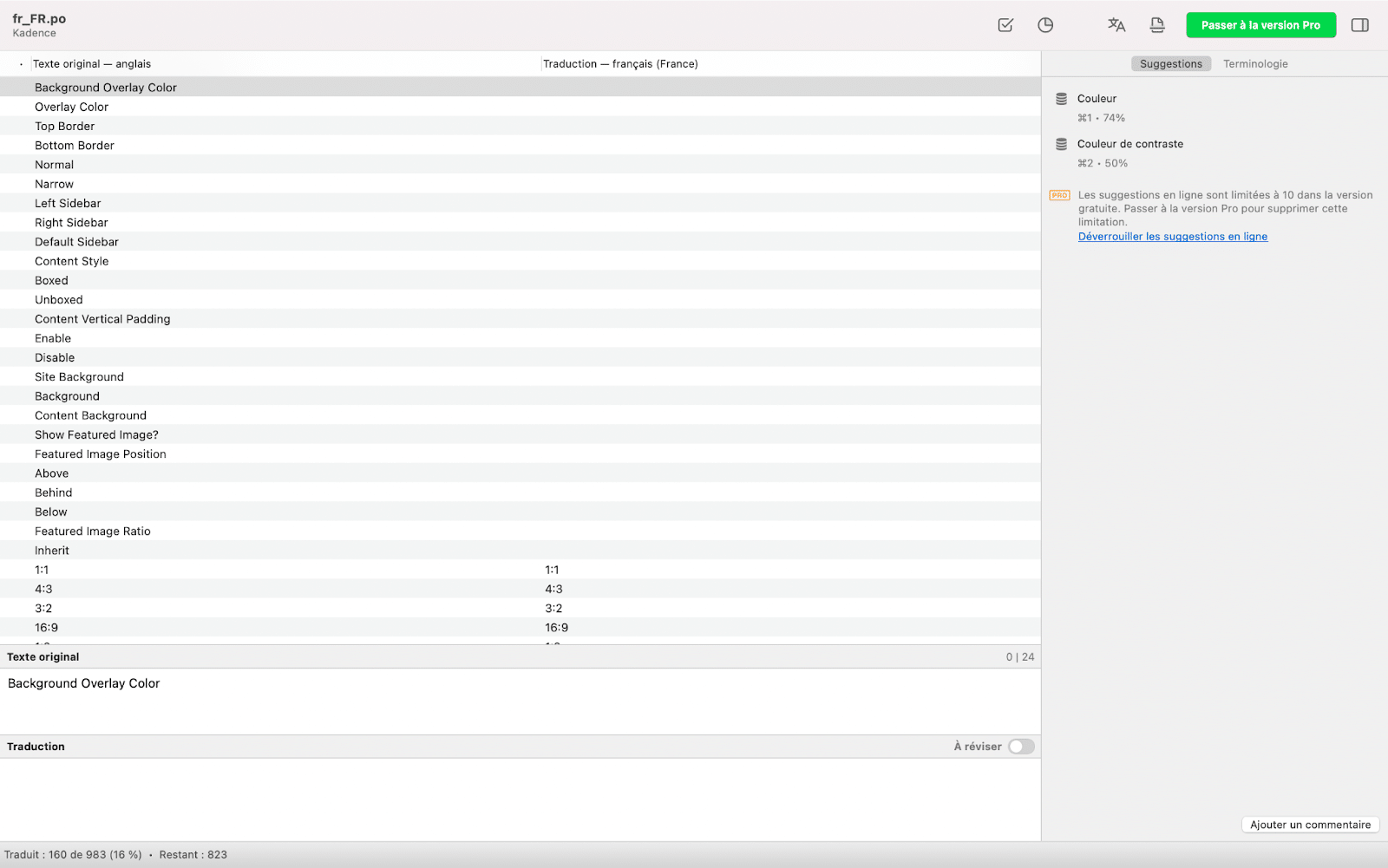 L’interface de traduction de Poedit, pour traduire vos thèmes et extensions WordPress.