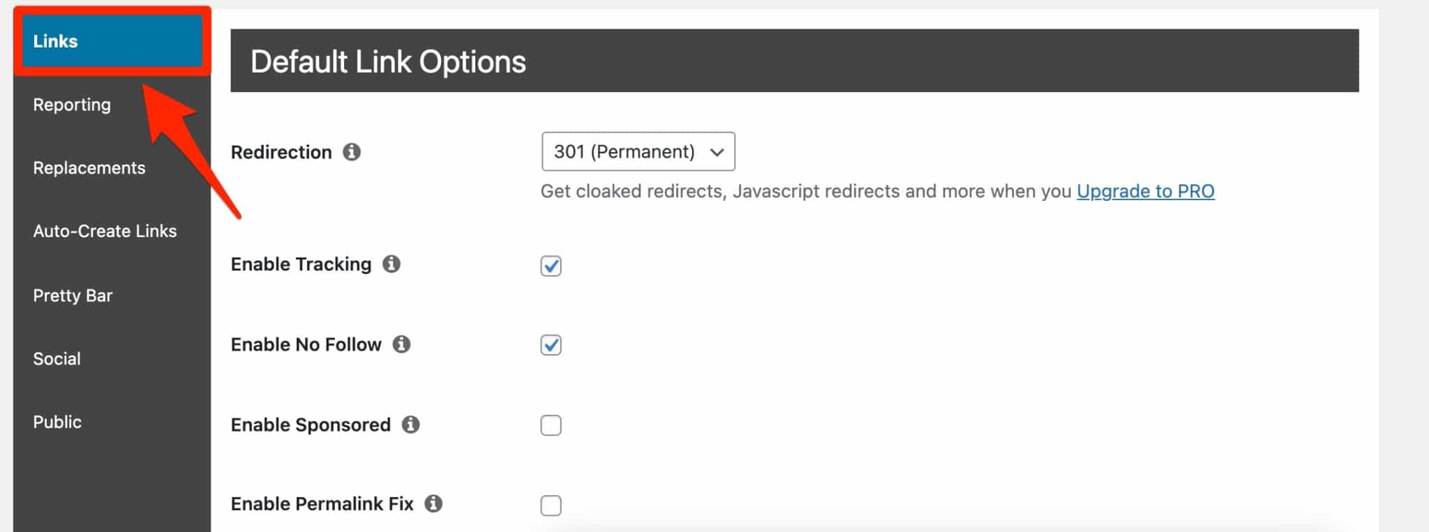 Default link options on Pretty Links.