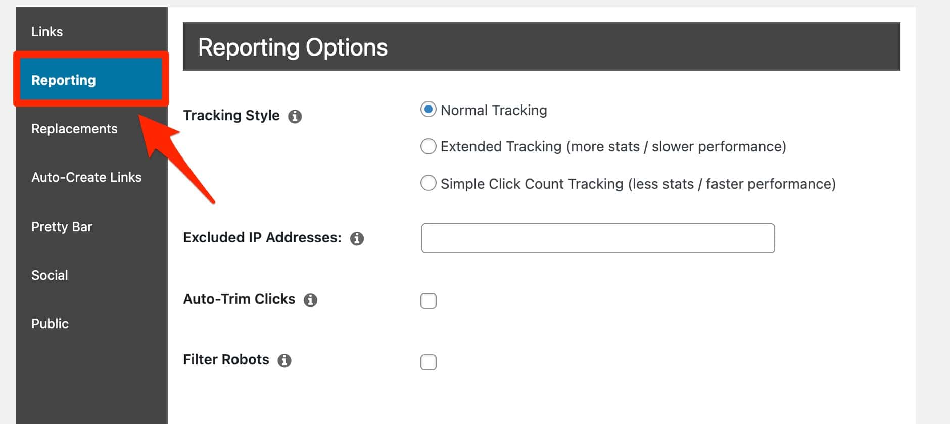 Les options de reporting de Pretty Links.