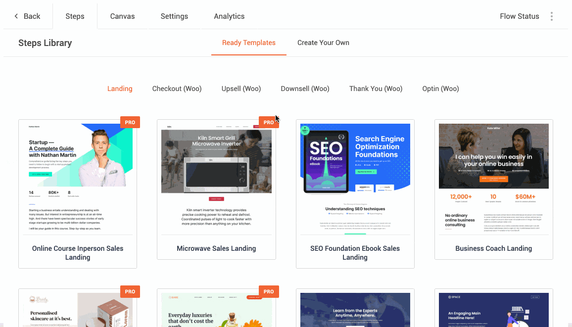 Aperçu des templates proposés par Cartflows.