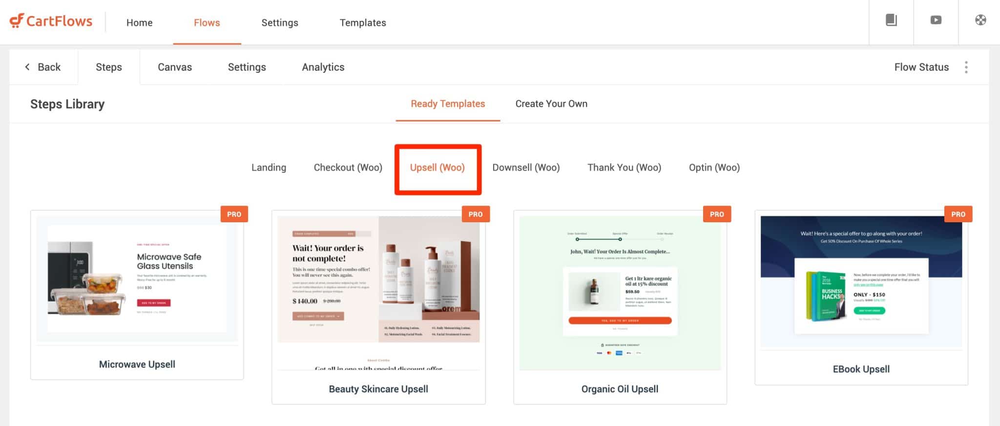 Les templates d'upsell porposés par Cartflows.