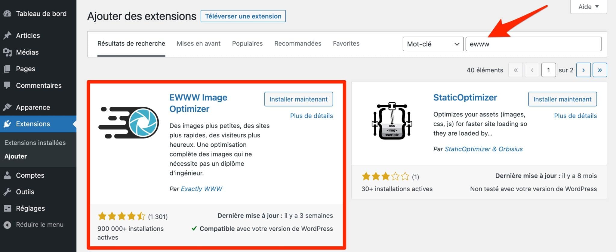 Activation d'EWWW Image Optimizer sur WordPress.
