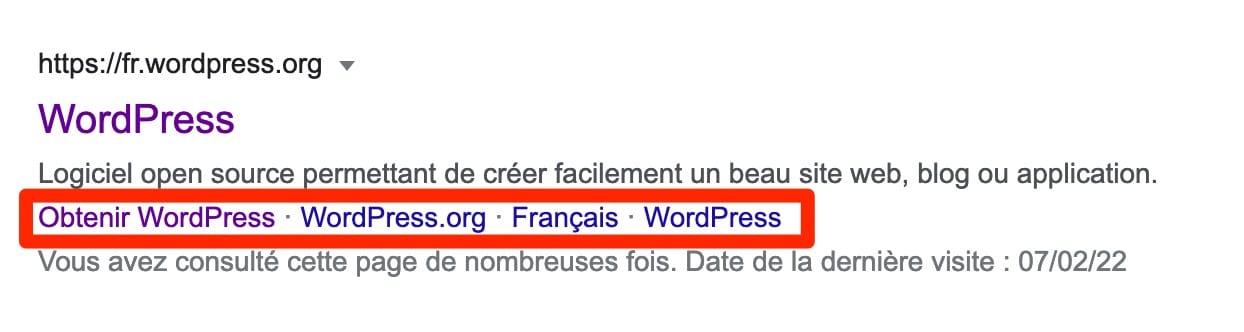 Aperçu d'ancres WordPress sur la SERP de Google.