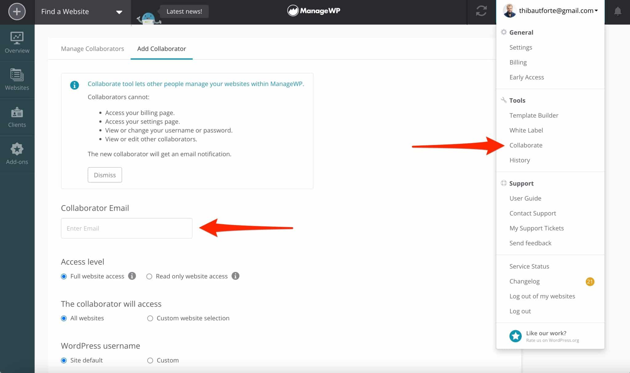 Il est possible de collaborer avec d'autres utilisateurs sur ManageWP.