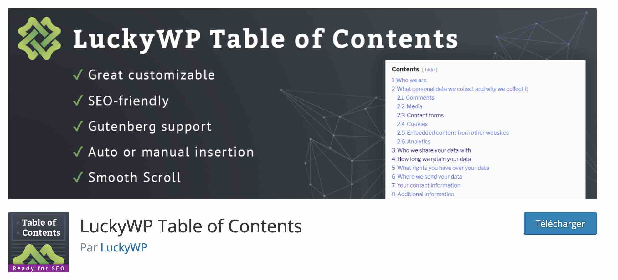 LuckyWP Table of Contents permet de créer une table des matières.