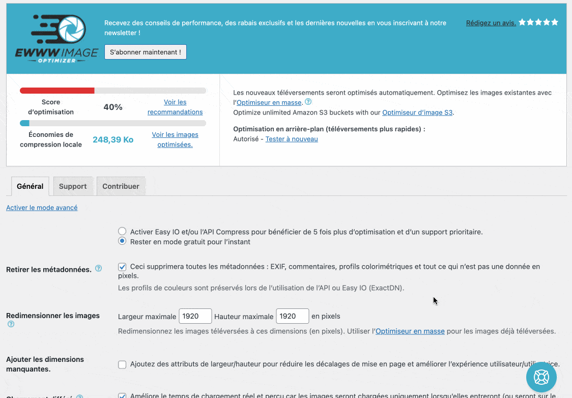 Le menu d'EWWW Image Optimizer sur WordPress.