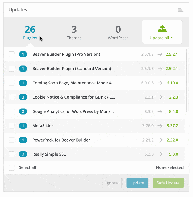 ManageWP permet de mettre à jour les thèmes, extensions, traductions et le Cœur de WordPress.