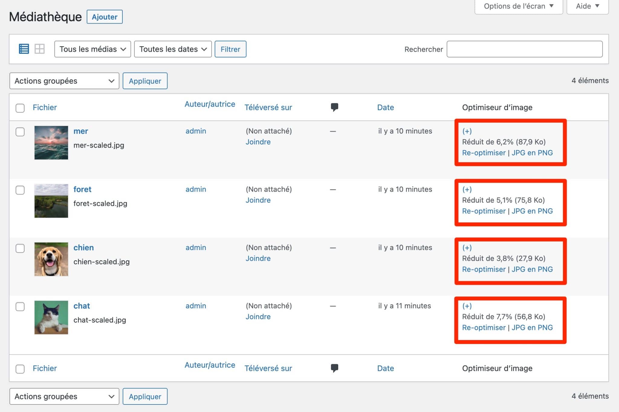 Aperçu de l'optimisation d'images avec EWWW Image Optimizer.