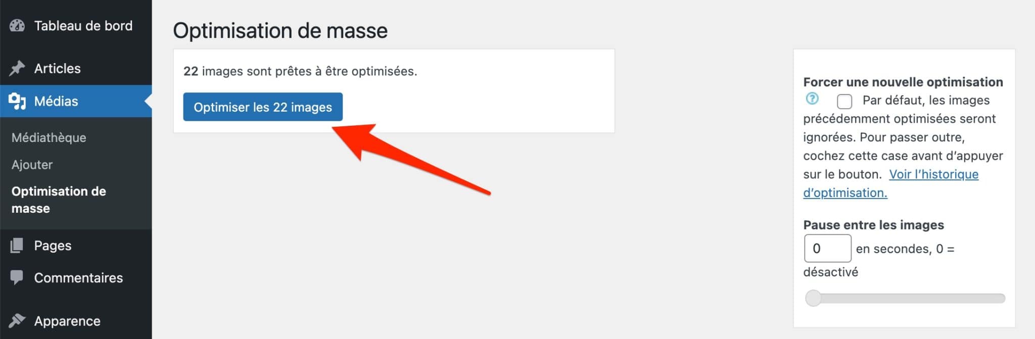 Optimisation de masse sur EWWW Image Optimizer.
