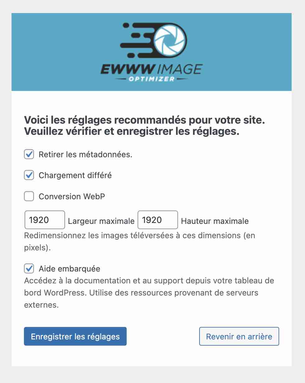 Réglages recommandés par EWWW Image Optimizer.