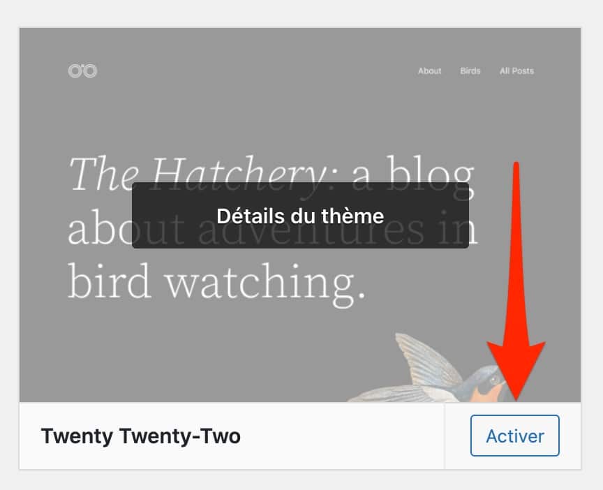 Activation du thème WordPress natif Twenty Twenty-Two.