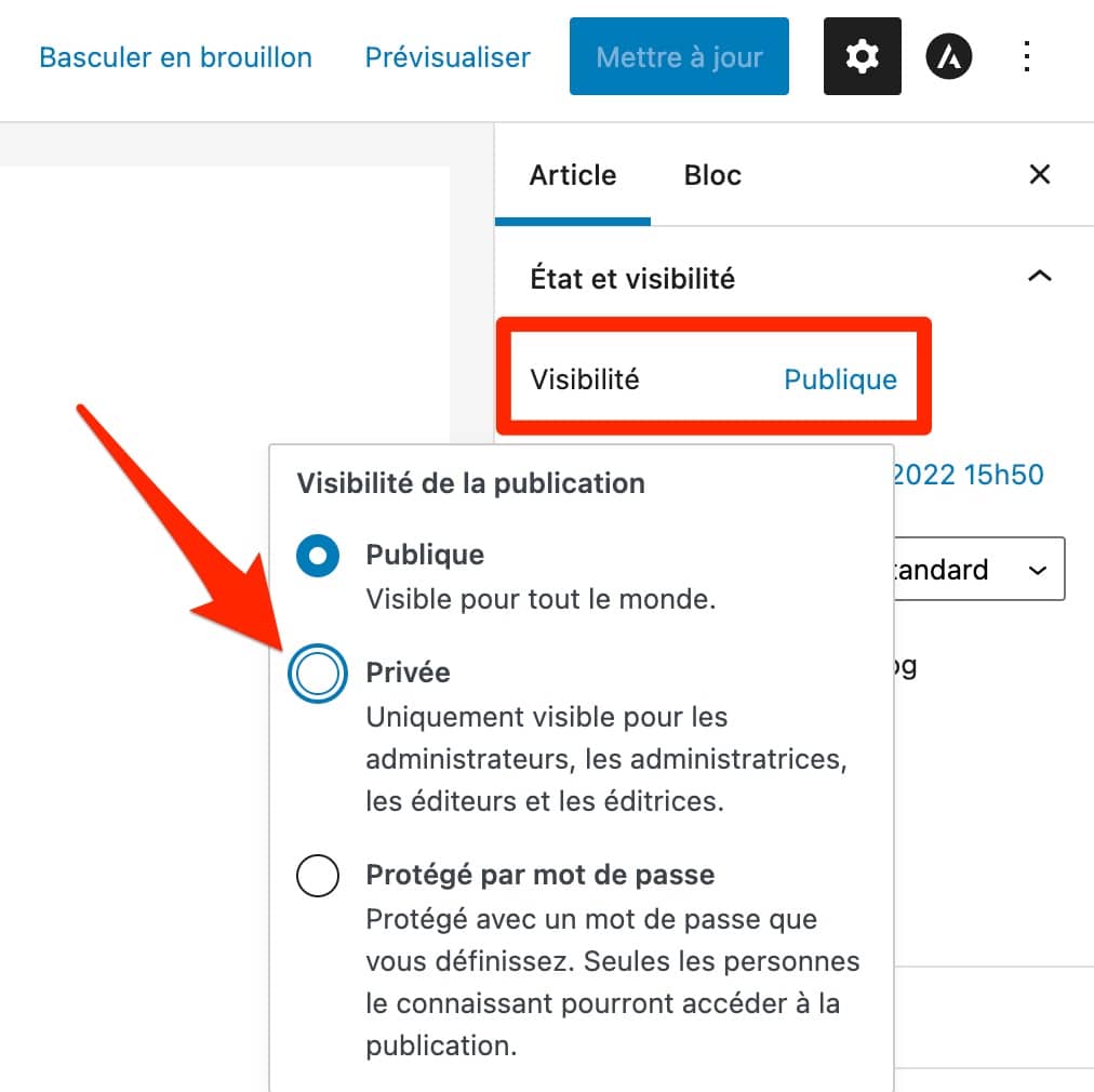 WordPress dispose d'une option pour rendre une page privée.