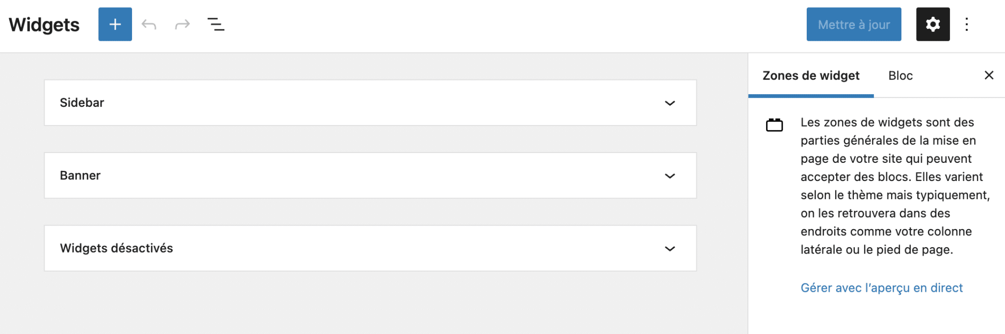 Écran des widgets de WordPress